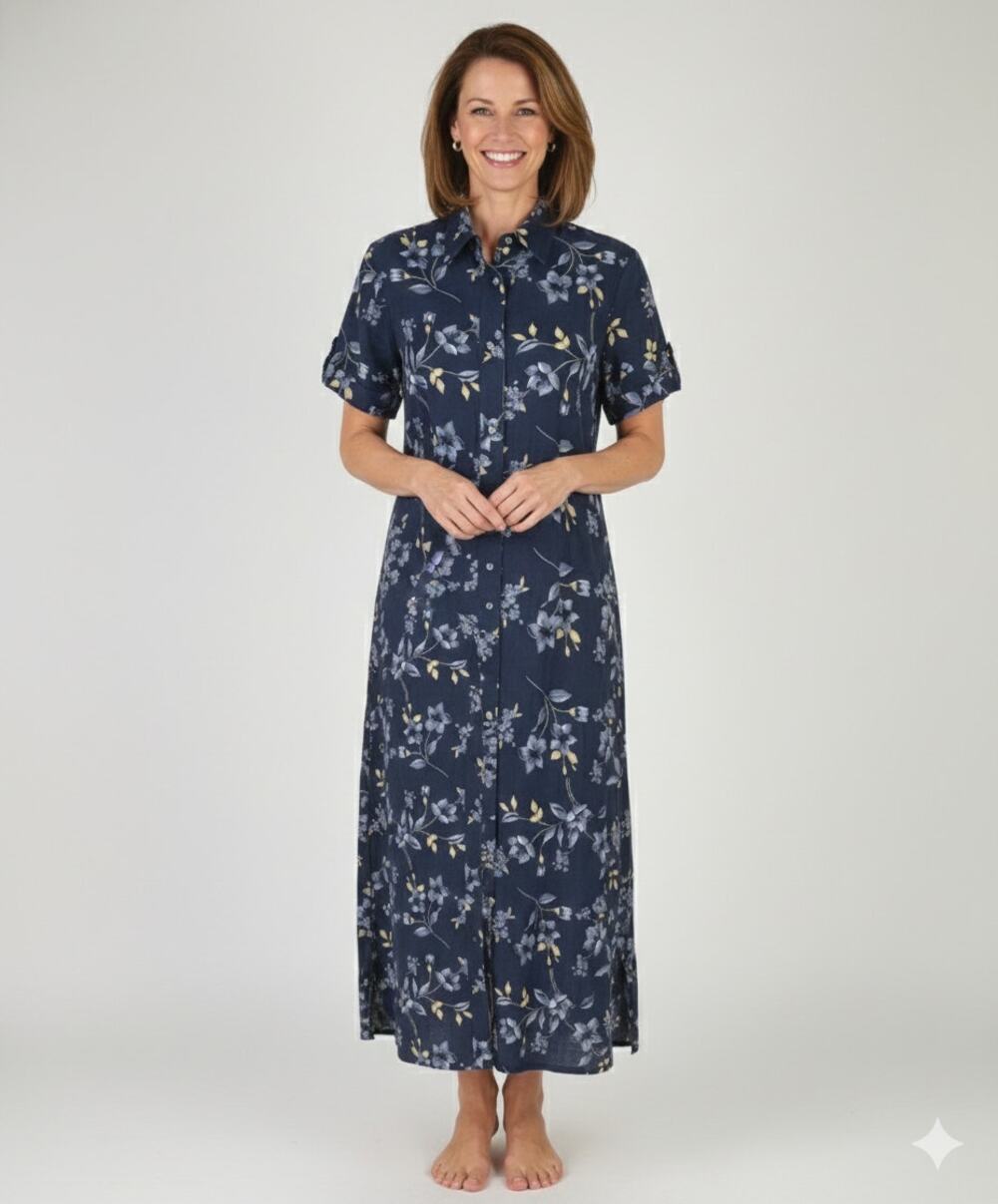 Notations Vintage Maxi Dress Womens Size Small Linen Blend Floral Blue Button Up
